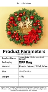 Detailed Christmas wreath featuring red baubles, snowflakes, pine cones, and red berries