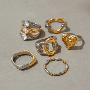 Stackable heart zircon stainless steel rings in mixed gold and silver tones for women