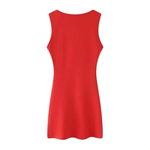 Rear view of a fitted red sleeveless dress with elegant ruched details on white background