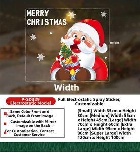 Size chart for Santa Claus electrostatic stickers showing five available dimensions