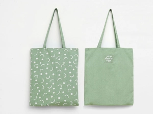 Detail of two green canvas shopping bags with polka dots and embroidery on white background