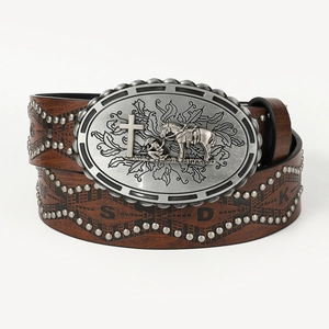 Western cowboy leather belt with silver studs and prayer cross buckle on white background