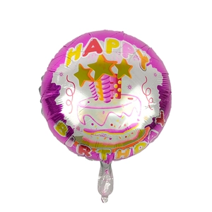 Detail of round foil birthday balloon with pink border and cake graphic on white back