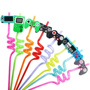 Video Game Controller Drinking Straws Plastic Spiral Curly Reusable For Kids Birthday Party Favors Themed Supplies Decor