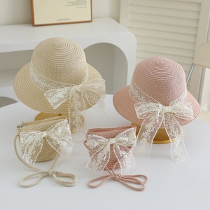Kids Girls Straw Hat And Crossbody Bag Sweet Lace Bow Sun Protection Breathable Beach Vacation Summer Princess Style