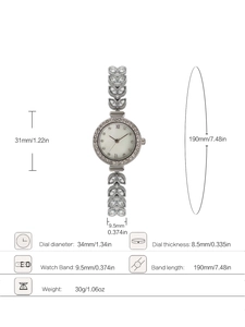 Detailed technical drawing of a silver mermaid watch with leaf strap and dimensions