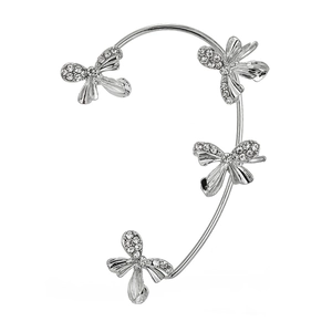 Elegant silver ear cuff featuring four crystal-encrusted butterflies with brushed metal finish