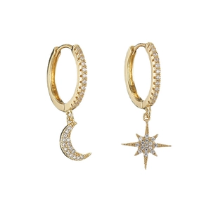 Minimalist gold moon and star hoop earrings with sparkling cubic zirconia inlay