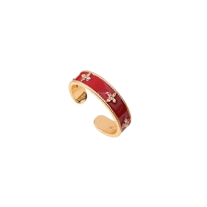 18k gold plated vintage flower ring with red enamel and golden bees on white background