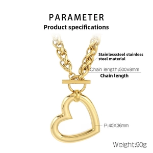 Detailed specifications of gold heart pendant necklace in stainless steel with OT clasp
