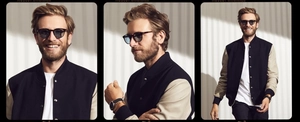 Three-frame view of men's navy baseball jacket with cream sleeves and polarized sunglasses