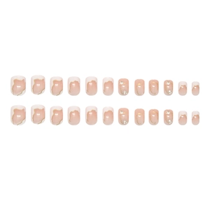 Nude pink marble press-on nails with gold edges and rhinestones in 24-piece set