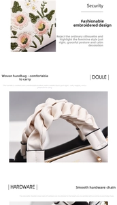 Detail of floral embroidery and woven handles on a cream leather handbag with gold hardware