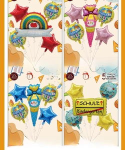 Detailed view of back to school foil balloon set, featuring cute ice cream and star designs.