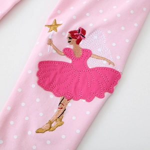 Pink cotton girls leggings with sweet fairy embroidery and white polka dot pattern