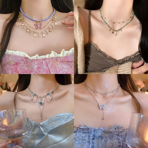 Butterfly Layered Necklace For Women Crystal Heart Star Pendant Choker Alloy Clavicle Chain Vintage Trendy Jewelry