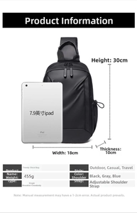 Men's waterproof crossbody bag detail showing 30x18x10cm dimensions and large capacity
