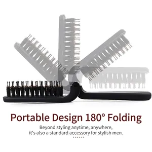 Portable 180-degree folding boar bristle hair brush for men's styling and grooming