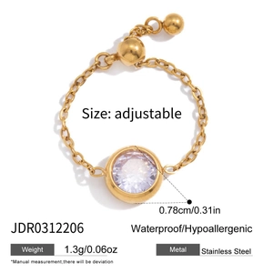 Detail of adjustable 18K gold stainless steel chain ring with round zircon stone