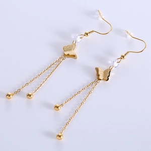 Butterfly Long Tassel Earrings 316L Stainless Steel Frosted Texture With Synthetic Crystal Bead Elegant Jewelry For Women