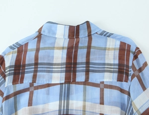 Detailed close-up of the back collar and blue-white check pattern on the ramie shirt dress