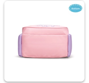 Detailed bottom view of pink and purple cartoon school backpack with durable fabric