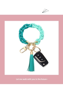 Detail of mint green gradient acrylic wristlet keychain with tassel and gold hardware