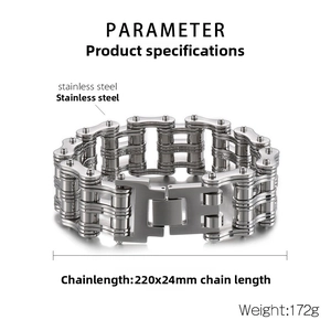 Industrial motorcycle chain bracelet in polished stainless steel with broad buckle