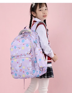 Side view of girl wearing a light purple school bag with ergonomic padded shoulder straps