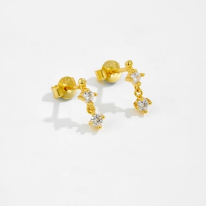 Elegant s925 sterling silver gold-plated stud earrings with three clear cubic zirconia stones