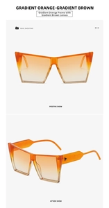 Detail of gradient orange oversized cat-eye sunglasses with triangle metal rivets