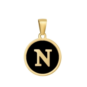 Close-up of a circular black and gold pendant featuring a metallic letter N detail