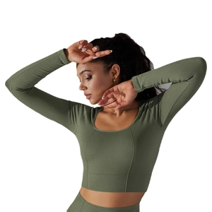 Army green seamless yoga crop top with square neck and honeycomb textured fabric