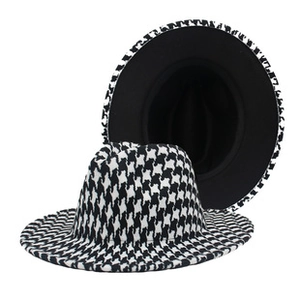 Classic houndstooth fedora hat with a wide brim showing front and interior details