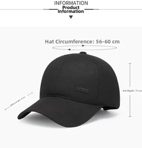Detail view of black baseball cap with sport label and size measurements 56-60cm