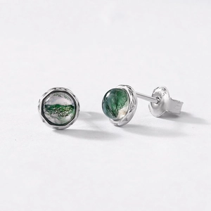 Minimalist S925 sterling silver stud earrings with natural green moss agate stones