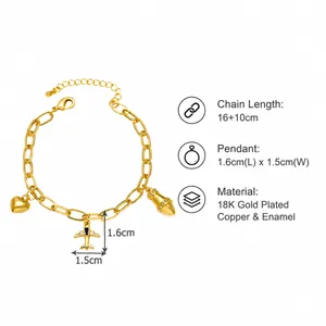 Specifiche dettagliate delle dimensioni per bracciale con ciondolo cuore e aereo in oro 18K