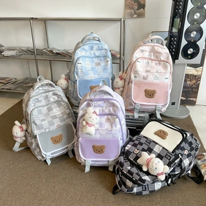 Cute bear student backpack for girls in five pastel colors with plush rabbit charm