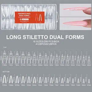 Size chart for 256pcs long stiletto dual nail forms with 16 sizes for extensions