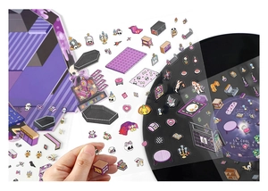 Macro shot of 3D pixel gothic stickers with purple furniture, skulls, and pumpkins
