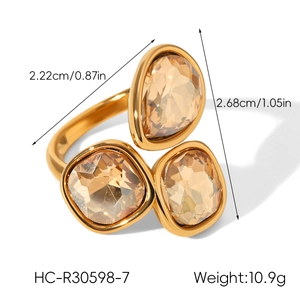 Detail view of gold-tone ring featuring zircon and mother-of-pearl with size dimensions