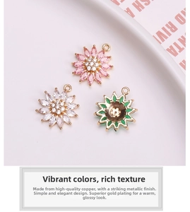 Macro shot of gold-plated daisy flower pendant with inlaid colorful zircon and detailed finish