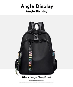 Front view of large black Oxford backpack featuring colorful LOVE letter straps and multi-pockets