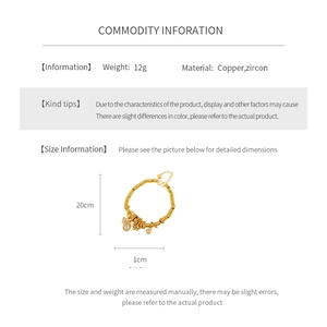 Detailed specifications of 24k gold plated copper bracelet with oval zircon charms
