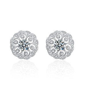 Elegant 925 sterling silver flower stud earrings with sparkling round cubic zirconia