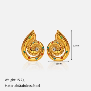 Detail of 18k gold plated spiral earrings with multicolor crystals and size specs
