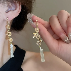 Elegant Chinese style gold bamboo leaf tassel earrings with green beads and white jade
