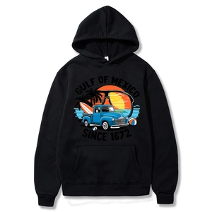 Gulf of Mexico since 1672 black long sleeve hoodie with vintage sunset graphic print