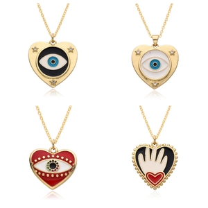 Bohemian Copper Evil Eye Heart Pendant Necklace Gold Plated Enamel Hamsa Hand Rhinestone Star Necklace Jewelry For Women