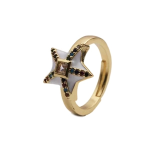 Adjustable gold star ring with colorful zircon stones and white enamel inlay